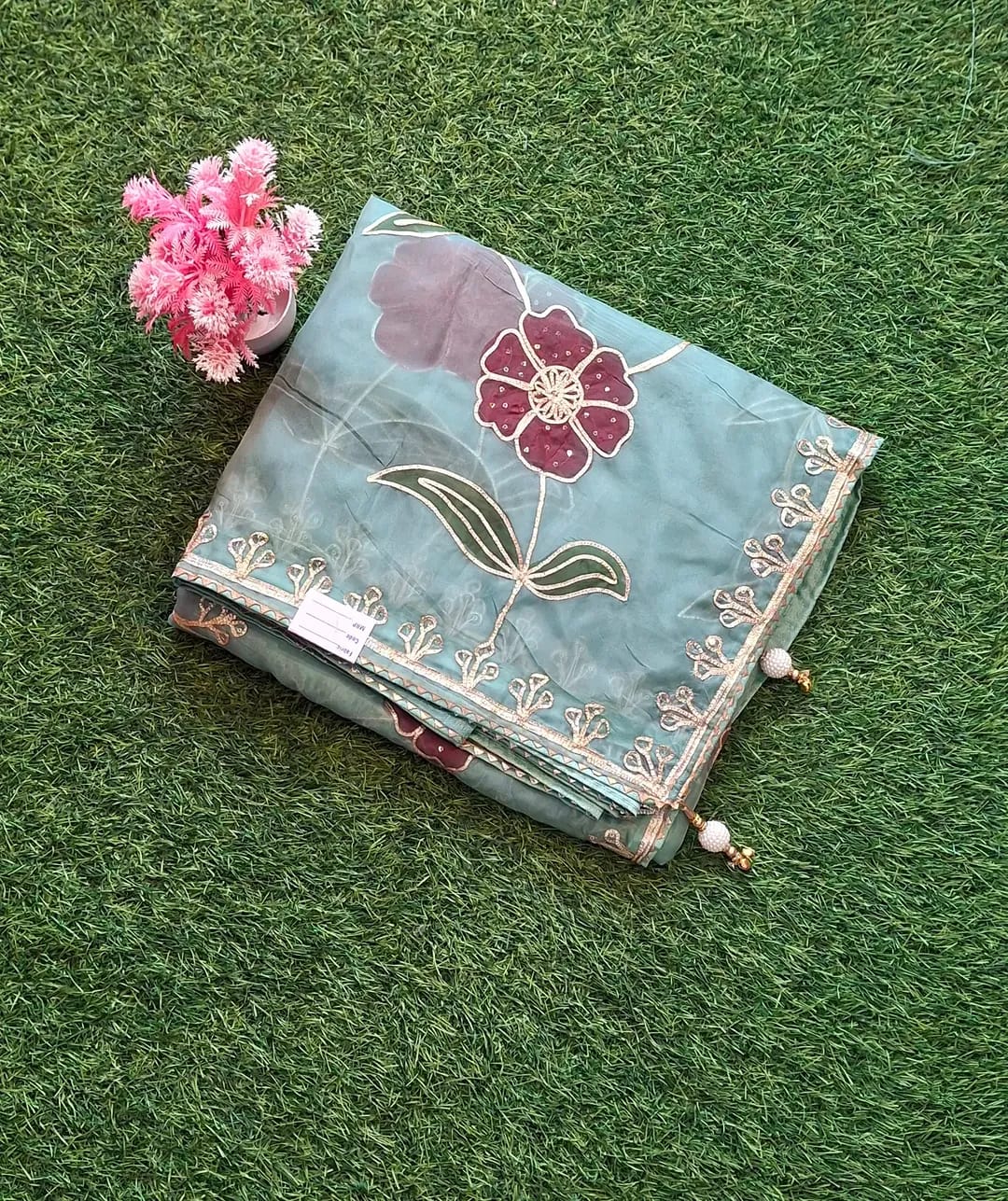 Party Wear Gotta Patti Tissue Saree with Blouse | Floral Embroidery & Elegant Border
