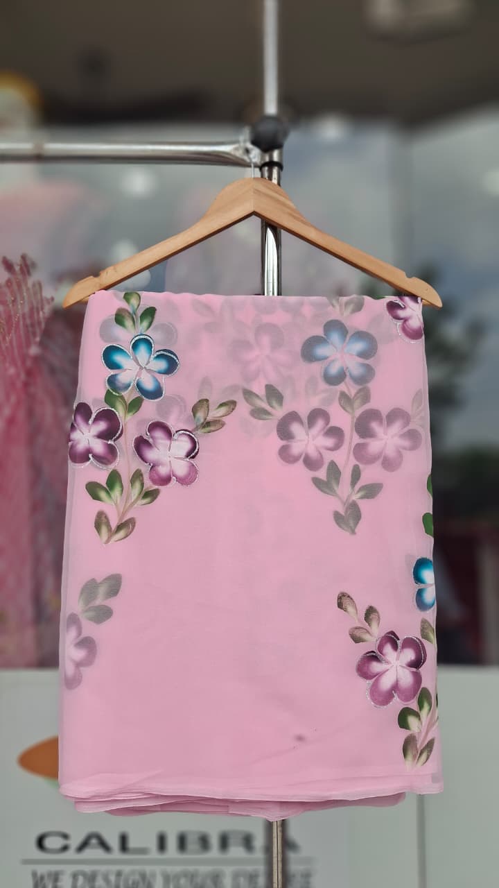 Floral Hand-Painted Royal Georgette Saree| Without Blouse| With 7 Different Colors