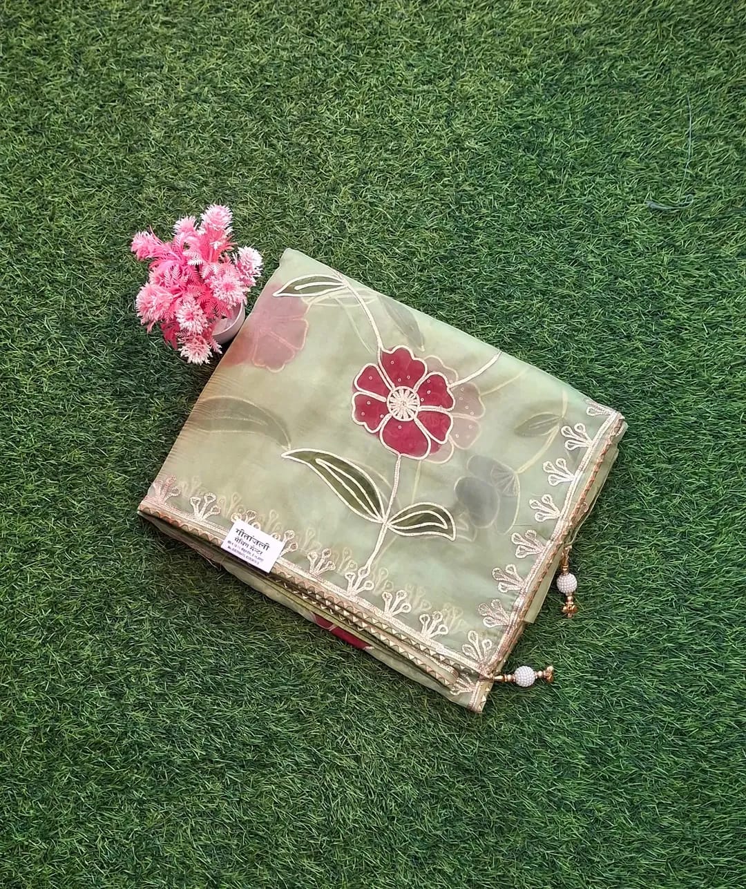 Party Wear Gotta Patti Tissue Saree with Blouse | Floral Embroidery & Elegant Border