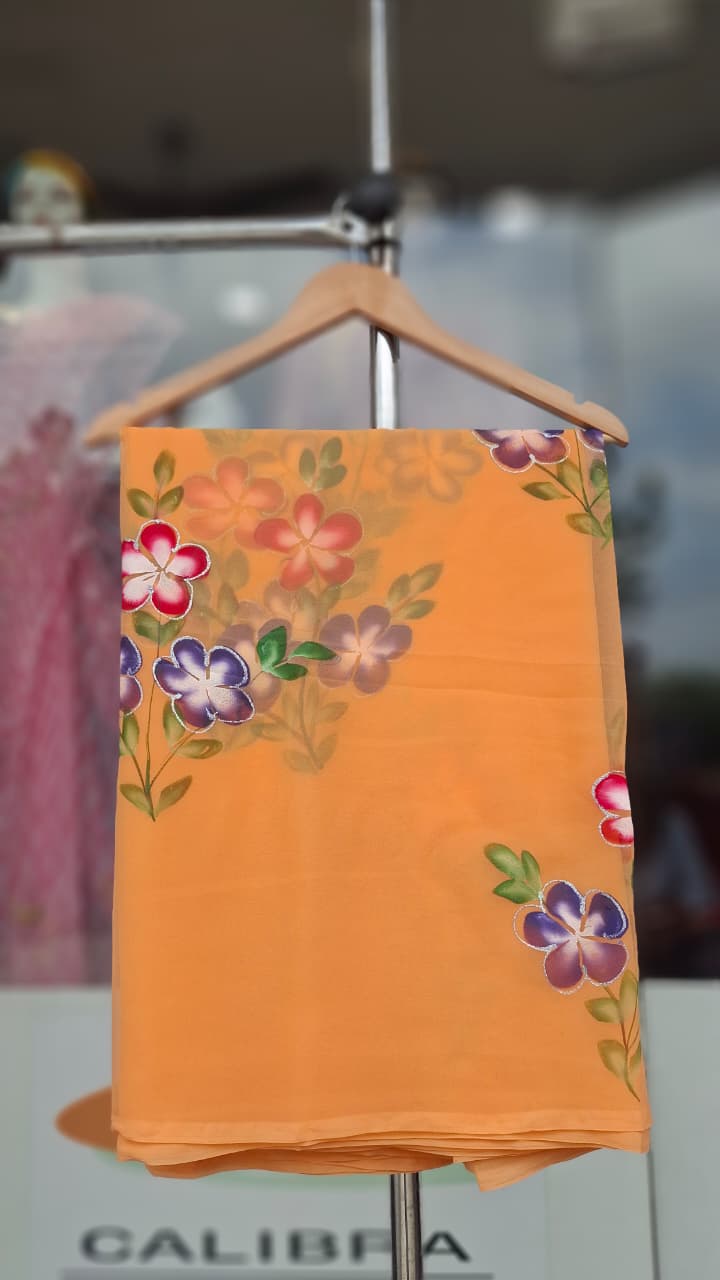 Floral Hand-Painted Royal Georgette Saree| Without Blouse| With 7 Different Colors
