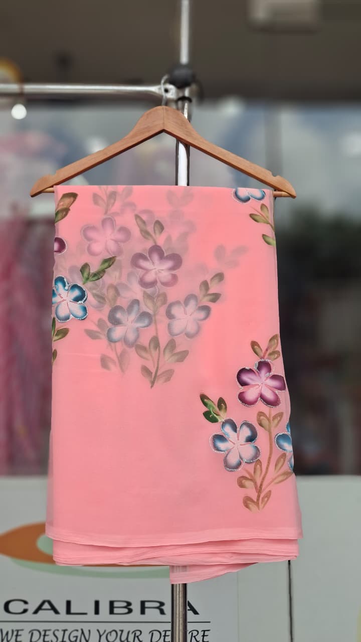 Floral Hand-Painted Royal Georgette Saree| Without Blouse| With 7 Different Colors