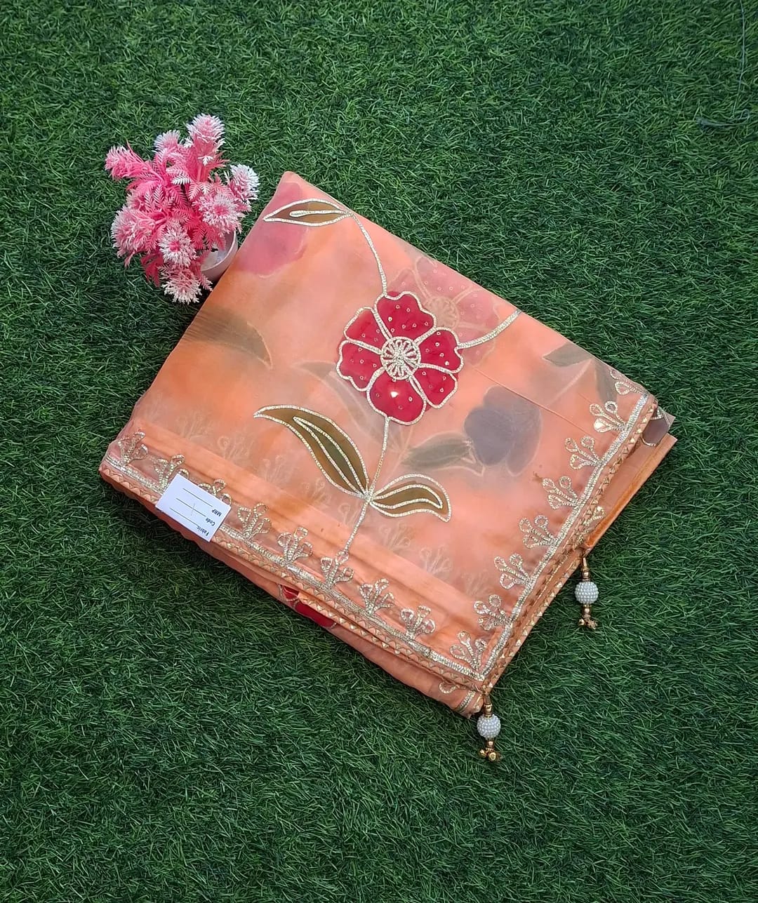 Party Wear Gotta Patti Tissue Saree with Blouse | Floral Embroidery & Elegant Border
