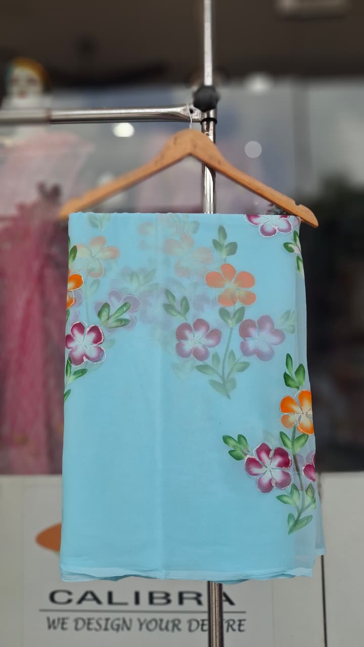 Floral Hand-Painted Royal Georgette Saree| Without Blouse| With 7 Different Colors