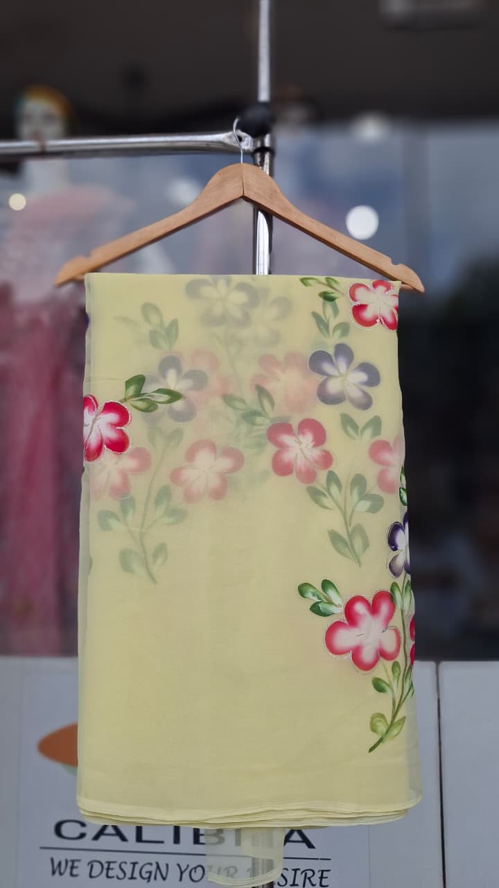 Floral Hand-Painted Royal Georgette Saree| Without Blouse| With 7 Different Colors