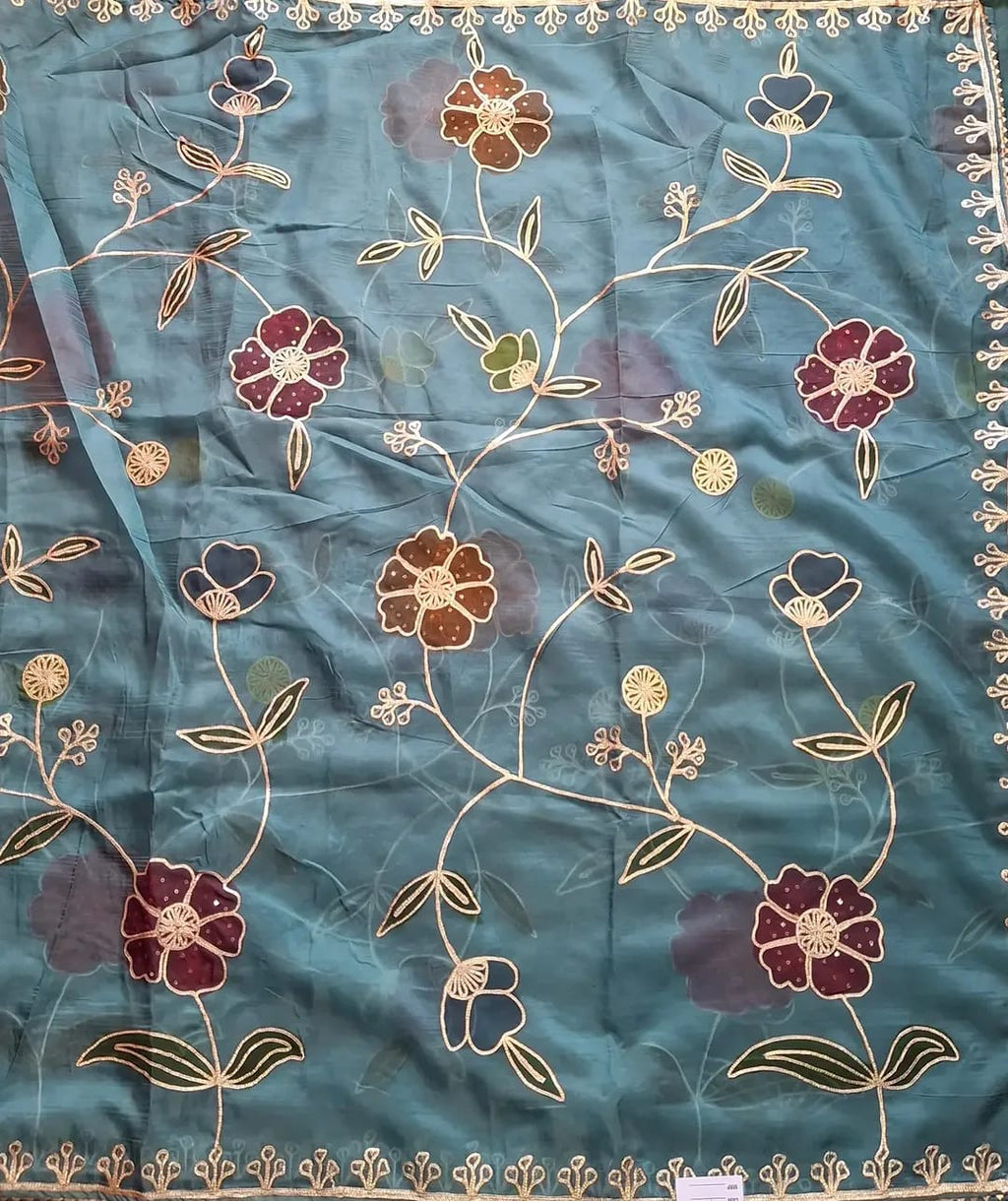 Party Wear Gotta Patti Tissue Saree with Blouse | Floral Embroidery & Elegant Border
