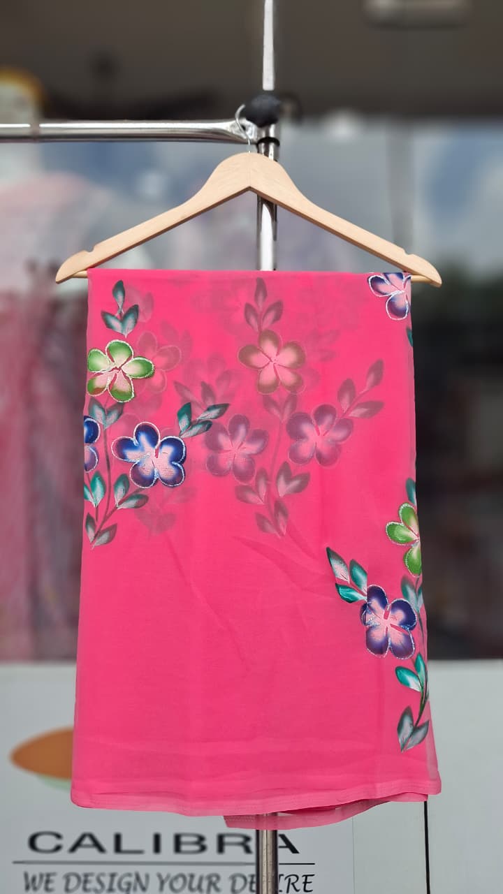 Floral Hand-Painted Royal Georgette Saree| Without Blouse| With 7 Different Colors