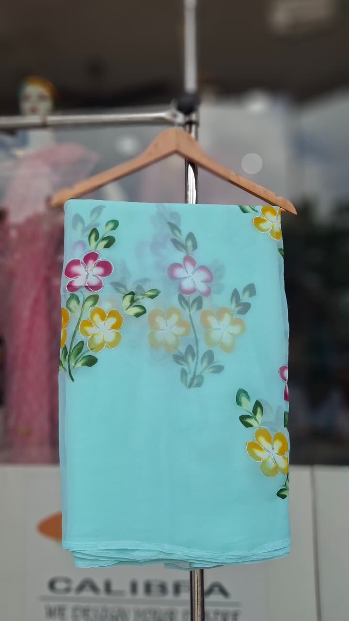 Floral Hand-Painted Royal Georgette Saree| Without Blouse| With 7 Different Colors