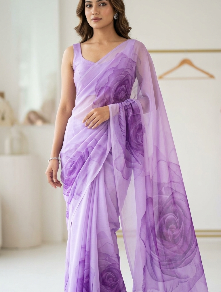 Royal Georgette Oversized Rose Print Saree-Without Blouse| 10 Different Colours