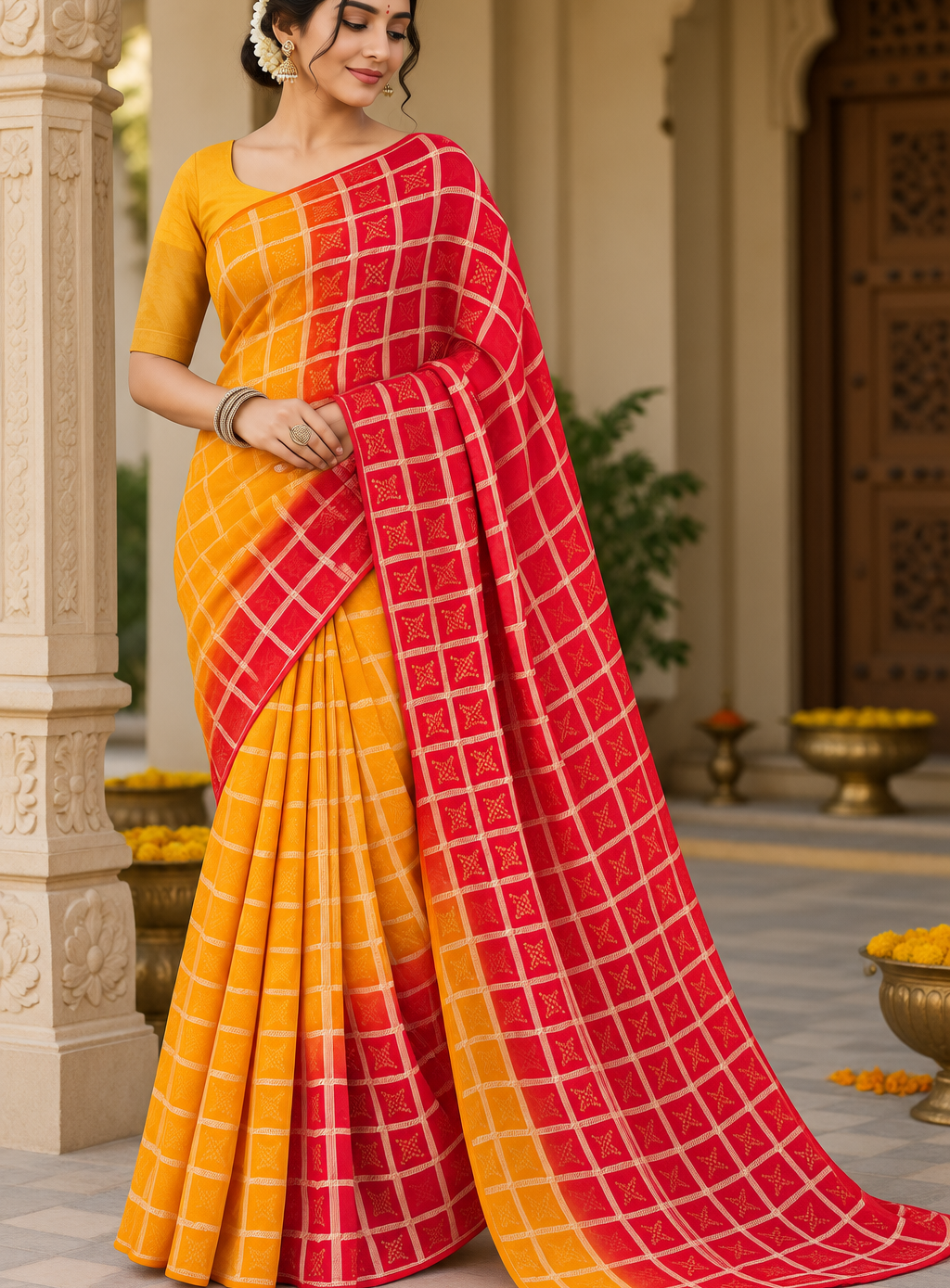 Royal Georgette Piliya Saree – Red & Yellow Traditional Bandhani Check Design with Blouse