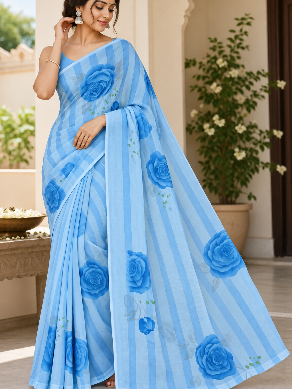 Floral Stripe Royal Georgette Saree | Lightweight Printed Saree for Women