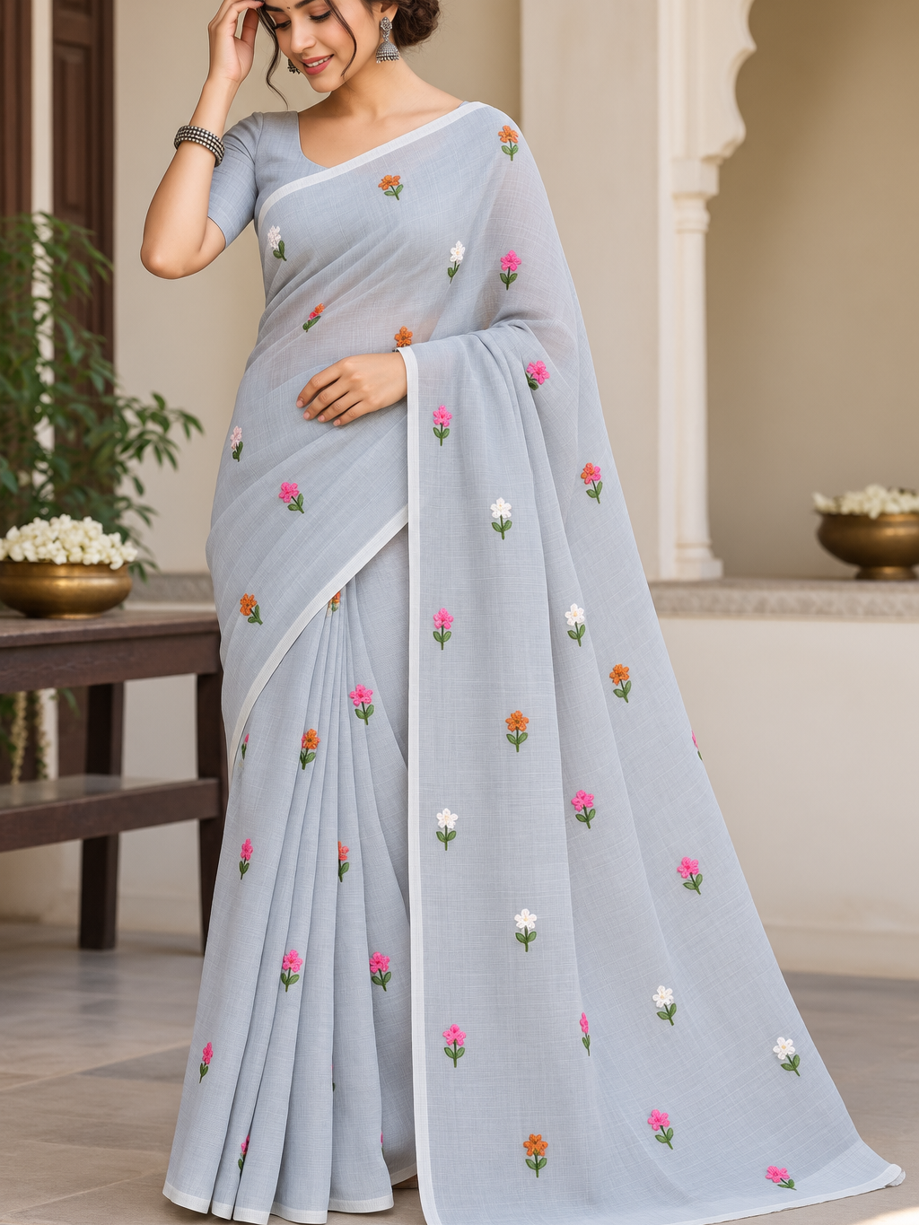 Kota Doriya Floral Saree with Blouse – Lightweight Washable Cotton Saree