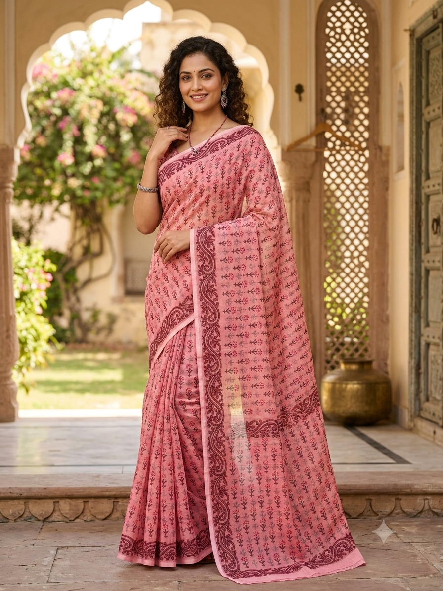 Kota Doriya Printed Saree with Blouse | Lightweight & Washable Floral Saree
