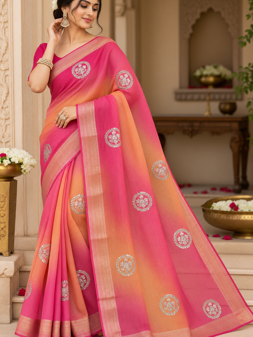Kota Doriya Saree with Blouse | Elegant Floral Sequin Work Saree