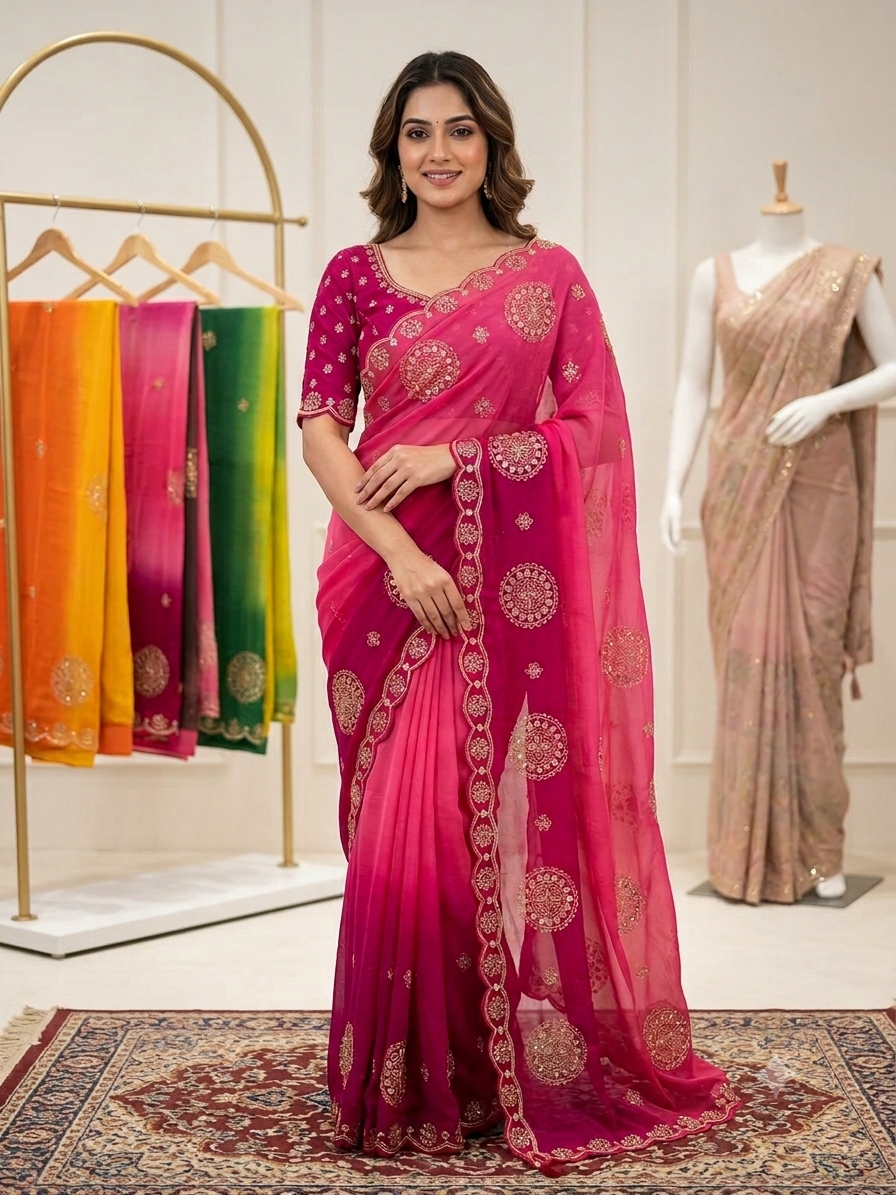 Dual-Shade Royal Georgette Saree with Embroidered Blouse Piece| 4 Different Colors
