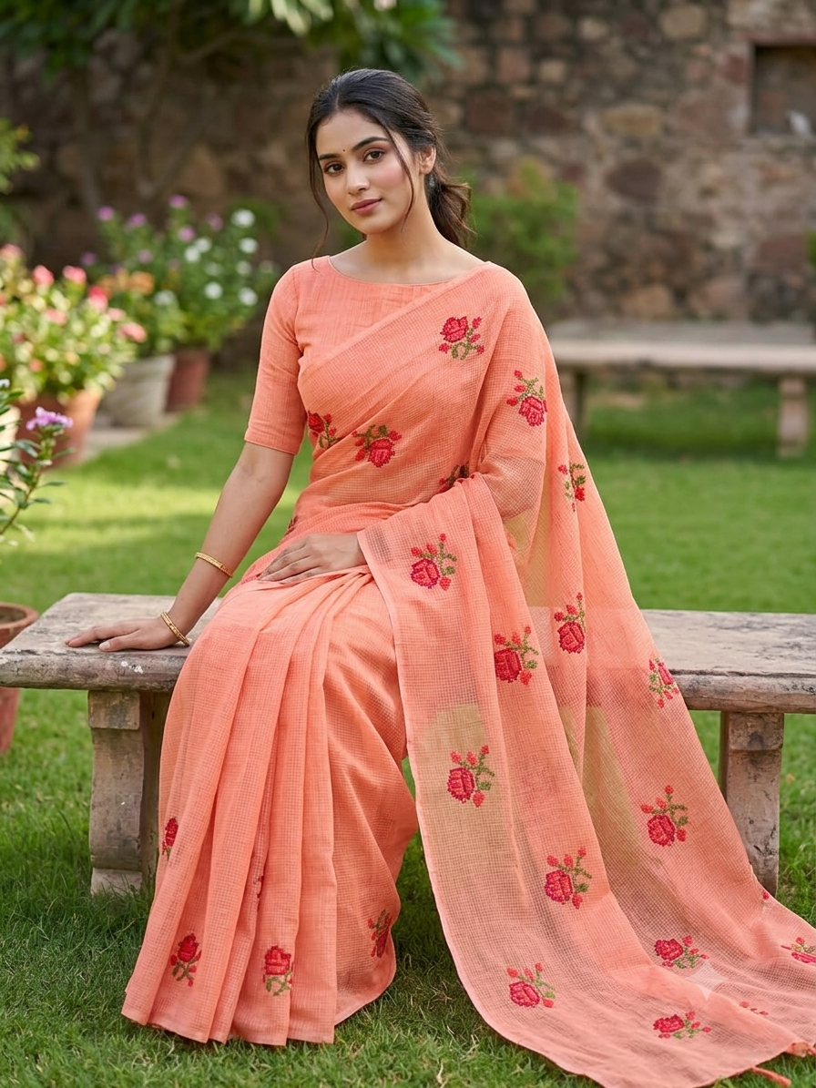 Elegant Floral Embroidery Kota Doriya Saree| 5 Different Colors