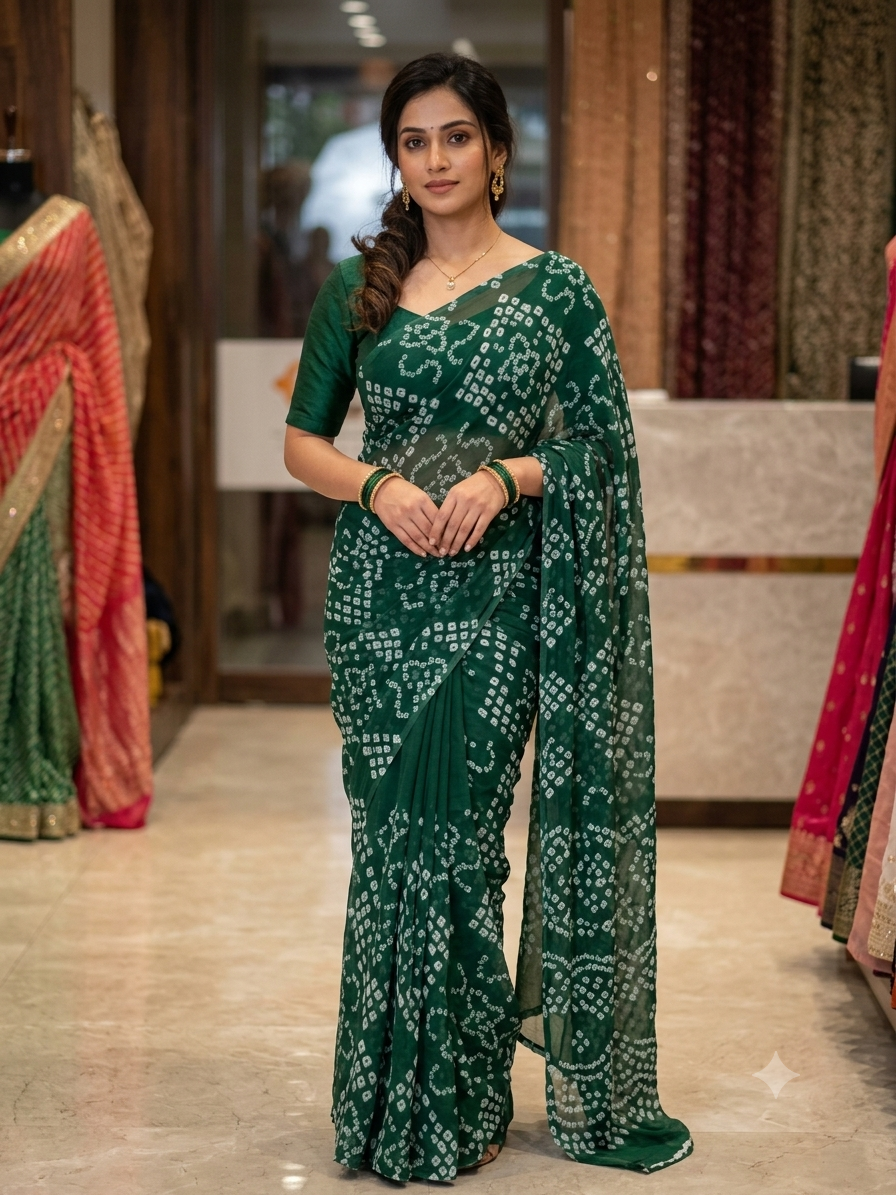 Printed Bandhani Mink Chiffon Saree| 8 Different Colors