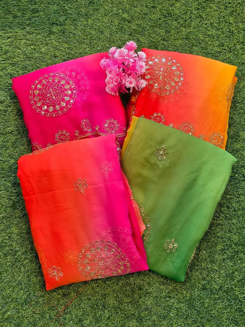 Dual-Shade Royal Georgette Saree with Embroidered Blouse Piece| 4 Different Colors
