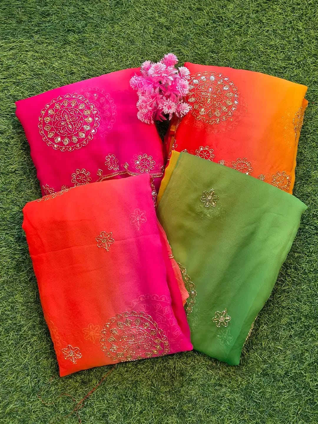 Dual-Shade Royal Georgette Saree with Embroidered Blouse Piece| 4 Different Colors