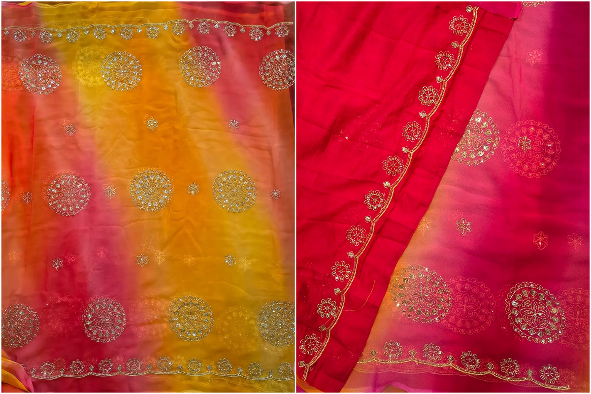 Dual-Shade Royal Georgette Saree with Embroidered Blouse Piece| 4 Different Colors
