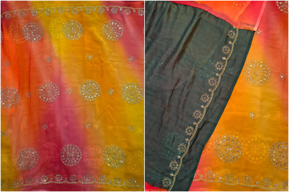 Dual-Shade Royal Georgette Saree with Embroidered Blouse Piece| 4 Different Colors