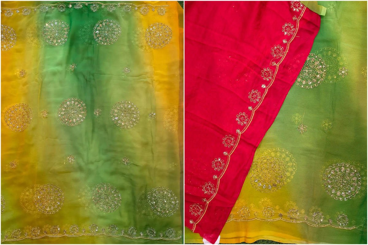 Dual-Shade Royal Georgette Saree with Embroidered Blouse Piece| 4 Different Colors