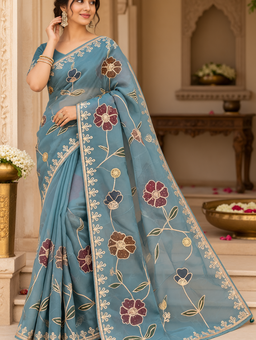Party Wear Gotta Patti Tissue Saree with Blouse | Floral Embroidery & Elegant Border